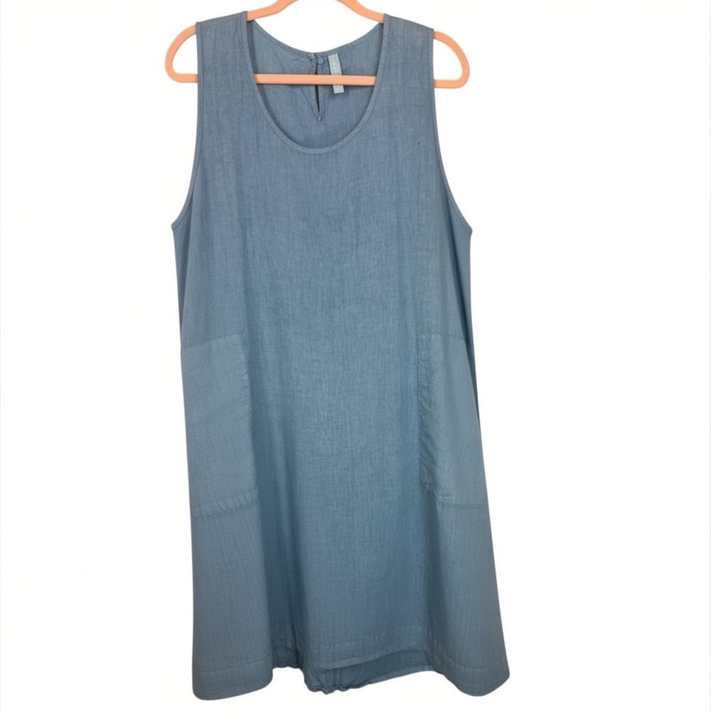 Homefrocks L Blue 100% Linen Scoop Neck Sleeveless Dress Lagenlook w/pockets